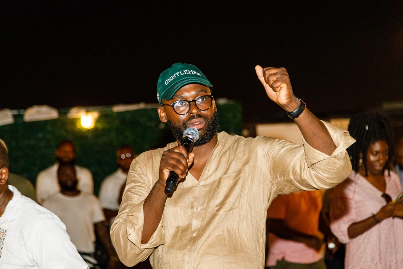 Speaking at a Gentlemen's Factory rooftop gathering, 2021.